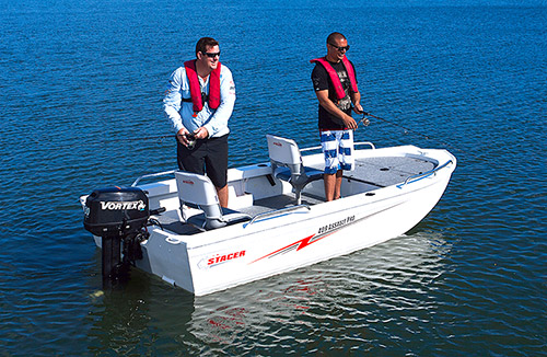 Two fishermen enjoying the compact 409 assault pro boat by stacer