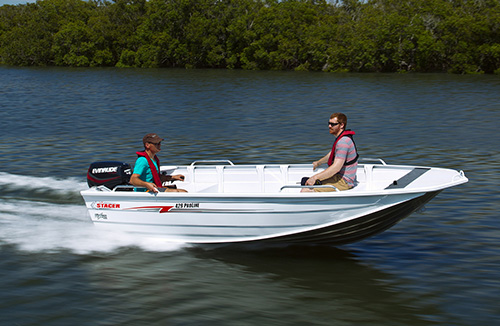 Two fishermen enjoying the compact 409 assault pro boat by stacer